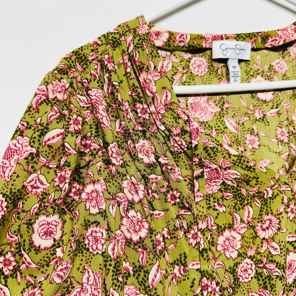 Jessica Simpson Kimono Sleeves Green Pink Chintz‎ Print Pleated Swing Top Medium - Picture 3 of 7